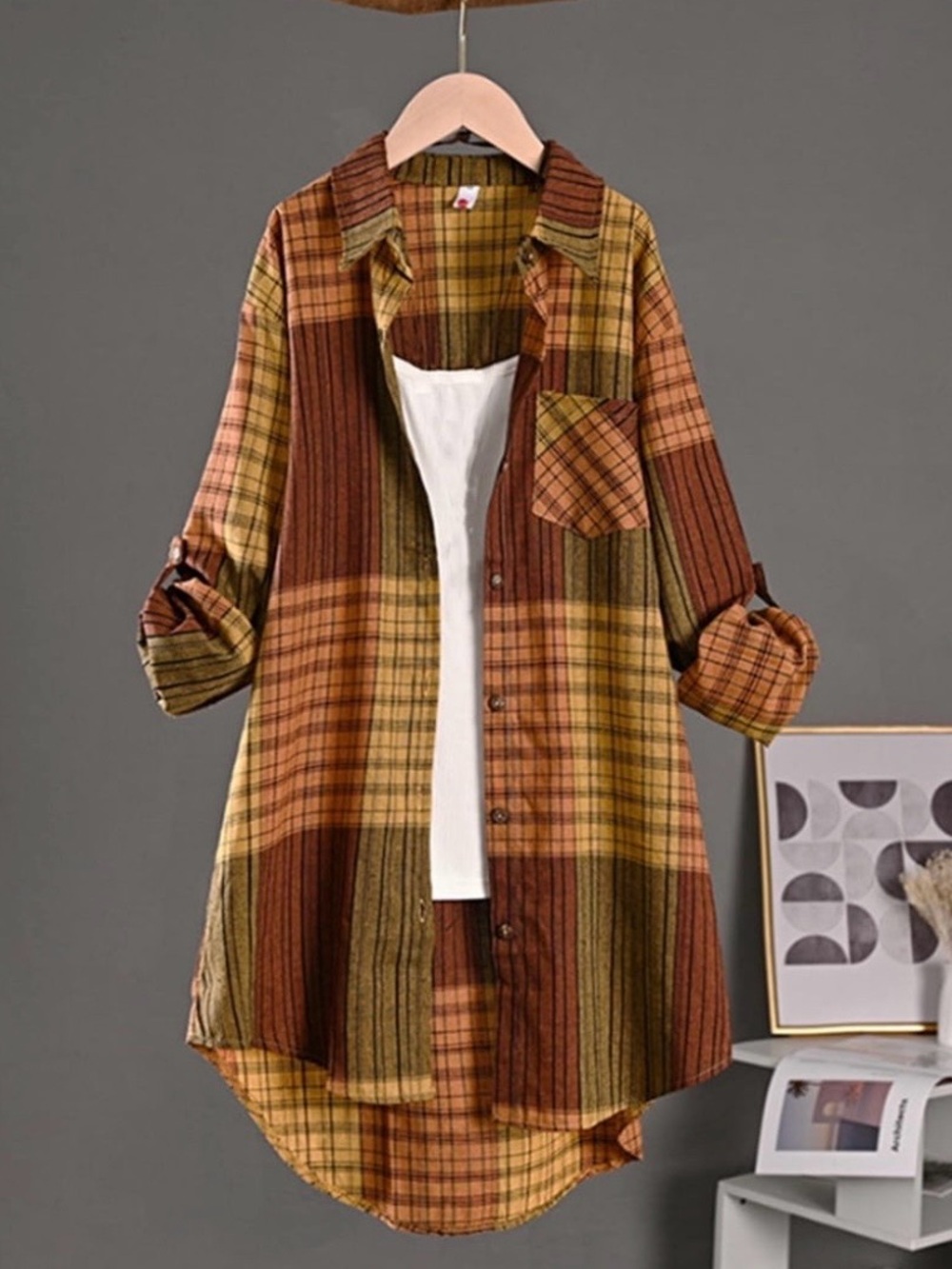 Plaid Button-Down Dress/Coat/Blouse in Brown